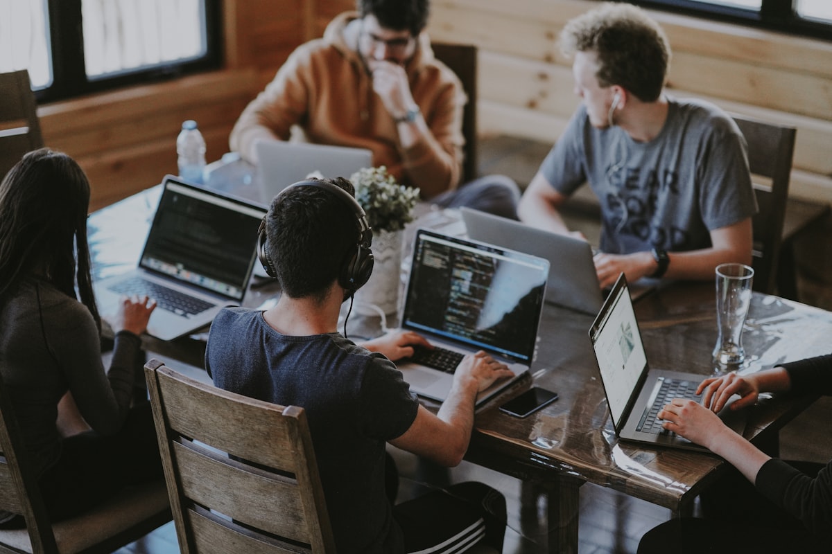 Software development team collaborating on a technology project
